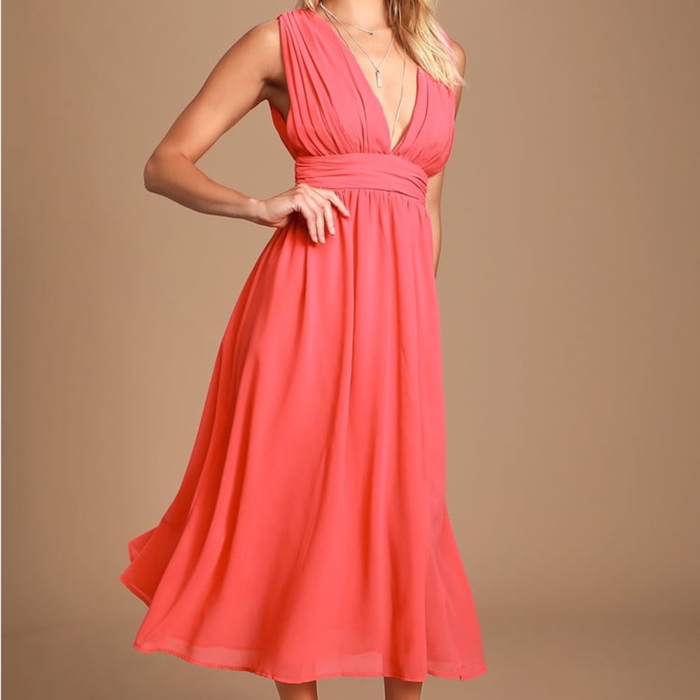 NWT Lulus Divine Dahlia Coral Pink Midi Dress Size Large